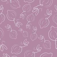 seamless pattern with a simple icon of an onion head with greens in line art style on a purple background, for various designs and patterns vector