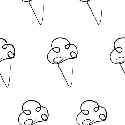 pattern with simple icons of a cone with three scoops of ice cream in line art style drawn with one outline