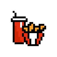 Pixel fried chicken wings with soda. Spicy crispy fast food legs in red packaging with sweet drink for appetizing 8 bit snack and game design vector