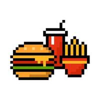 Pixel hamburger with soda and french fries. Colorful appetizing snack bread and beef bun with cheese and can of sweet drink for gaming and advertising design vector