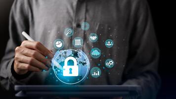 Login to online database with your username and password ,cybersecurity ,Data protection concept and secure internet security access ,cyber security technology , Protecting data from thef photo