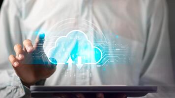 database connection with modern hardware and software , Access to server communication services , interface for uploading and downloading data, cloud computing backup technology concept photo
