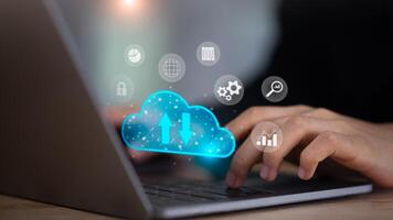 cloud computing backup technology concept , database connection with modern hardware and software , interface for uploading and downloading data, Access to server communication services photo