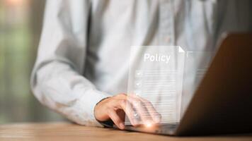 company articles of association Terms and Conditions, regulations and legal advice, corporate policy ,Businessman showing online document validation icon, Concepts of practices and policies photo