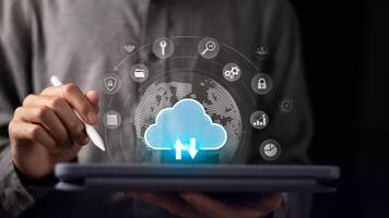 Access to server communication services , database connection with modern hardware and software , cloud computing backup technology concept , interface for uploading and downloading data photo