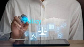 company articles of association Terms and Conditions, Businessman showing online document validation icon, Concepts of practices and policies, regulations and legal advice, corporate policy photo
