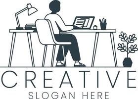 Modern Minimalist Workspace Person Working Laptop Design art desk flat line icon home idea vector