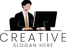 Professional Businessman Working on Computer Modern Minimalist Design job tie desk flat vector