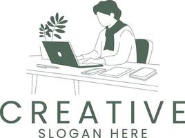 Elegant Minimalist Person Working Laptop Desk Design art line home calm clean style study vector