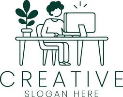 Creative Workspace Minimalist Line Art Design Illustration desk icon idea dark flat vector
