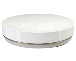 A white ceramic serving platter with a glossy finish, featuring a simple, round design with a subtle metallic accent band, isolated on transparent background png