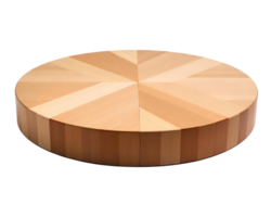 Round wooden table with a geometric pattern on top, light wood tones, minimalist design, isolated on a transparent background png