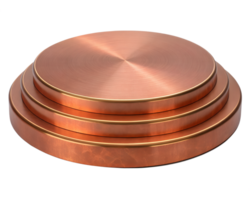 Three copper-colored circular platforms stacked on top of each other, with a smooth, reflective surface, against a transparent background png