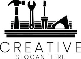 Black Toolset Icon Design on Wooden Shelf Creative diy home white craft hammer wrench vector