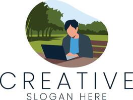 Man Working on Laptop in Peaceful Park Setting Digital Illustration flat icon trees vector