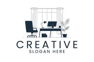 Creative workspace office interior setup with desk chair and computer vector