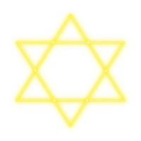 Yellow neon six-pointed star of david symbol with glowing intersecting triangles and hexagon center on transparent background png