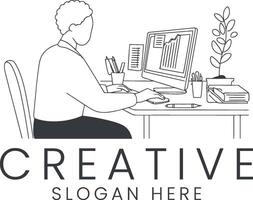 Person Working on Computer Desk Modern Minimalist Line Art job flat icon clean vector