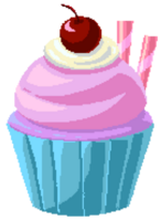 Violet cupcake with cream topped with a cherry in pixel art style png