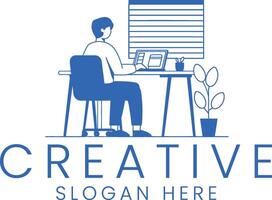 Modern Blue Creative Workspace Minimalist Design Illustration desk flat idea room view vector