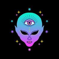 Alien face with third eye in neon pink and blue tones, surrounded by stars, gradient colors, psychedelic concept. vector