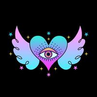 Heart witheye in neon pink and blue tones, surrounded by stars, gradient colors, psychedelic concept. vector