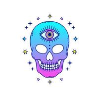 Skull with third eye in neon pink and blue tones, surrounded by stars, gradient colors, psychedelic concept. vector