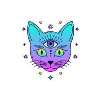 Cat with eye in doodle style on white background. vector