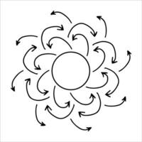 Hand drawn sun with swirling arrows in ink style. Abstract sun with curved beams isolated on white background. Concept of sun as dynamic energy, movement, and celestial balance in line art. vector