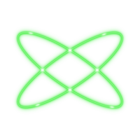 Glowing green neon circular star shape with intersecting elliptical light trails and spark points on transparent background. png
