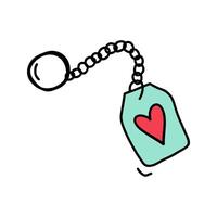 Hand drawn keychain with heart tag attached to it. Valentines Day concept featuring love keychain with red heart, perfect for gift or accessory. Doodle keychain to express feelings and affection. vector