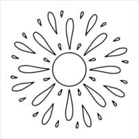 Hand drawn sun with drop shaped beams in doodle style. Abstract sun with rain, arrow elements isolated on white background. Concept of sun as energy, weather, and nature in artistic line art. Splash vector