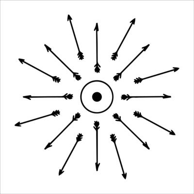Hand drawn sun with arrows in line art style. Abstract sun with ink outline and radiating arrow strokes isolated on white background. Concept - sun energy, direction, movement in artistic design