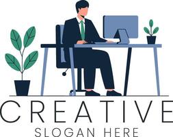 Businessman Working Creative Office Desk Computer job flat team style sales modern design vector