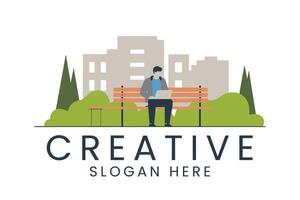 Man working on laptop in park bench stock graphic art vector