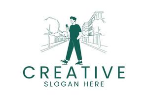 Man walking on street using phone for website and needs vector