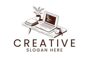 Creative workspace with laptop plant books and coffee for branding use vector