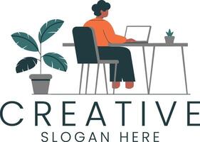 Person Working on Laptop Creative Office Design pot job desk flat home idea style clean vector