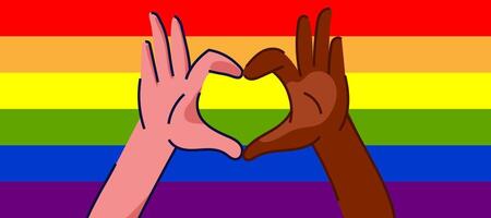 Diverse Hands Forming Heart Gesture over Pride Flag . Two diverse hands forming a heart on a rainbow flag background, for LGBTQ campaigns equality posters love messages,inclusive branding. vector