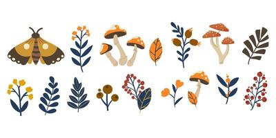 Autumn Botanical Clipart Set in Nordic Folk Style. collection of autumn forest elements in retro Scandi style with moths mushrooms berries and botanical leaves,for fabric design, stickers ,icons vector
