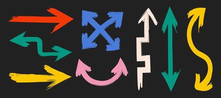 Grunge Brush Style Arrows in Multiple Directions .Set of colorful hand drawn arrows, for infographics, presentations, creative design elements, UI indicators, educational visuals. illustration vector
