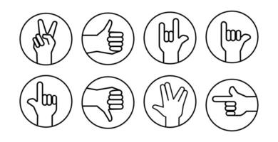 Hand Gesture Icon Set in Line Style.Set of line icons showing various hand gestures in circular frames, ideal for UI design, messaging apps, communication graphics and educational materials vector