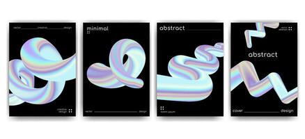 Modern creative poster template set with abstract 3D holographic gradient tubes on black background, perfect for posters album covers digital art branding and trendy web graphics. illustration vector