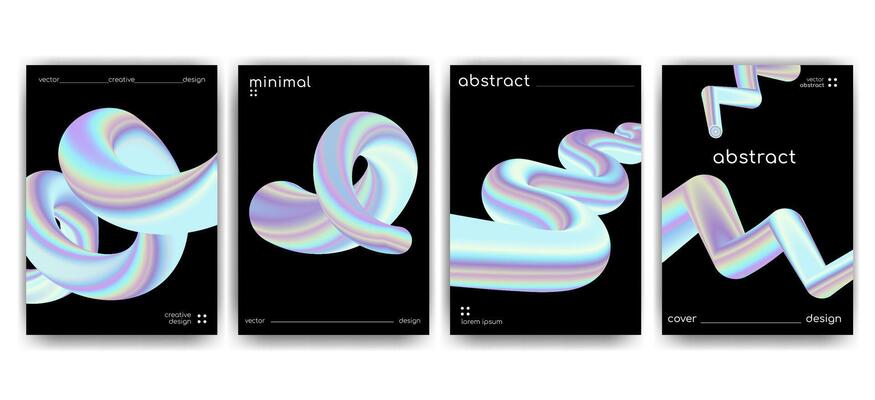 Modern creative poster template set with abstract 3D holographic gradient tubes on black background, perfect for posters album covers digital art branding and trendy web graphics. illustration