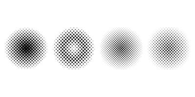 Set of circular halftone dot gradients in black and white, ideal for pop art design, comic effects, print textures, digital artwork and graphic templates. Halftone Circle Elements vector