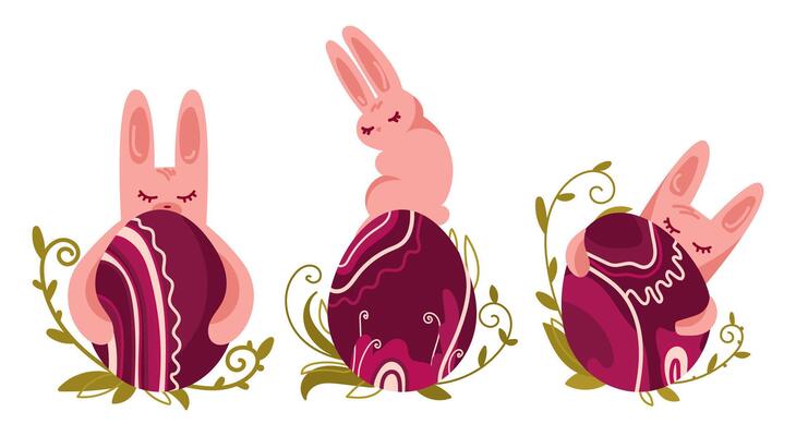 Cute Easter bunnies with decorative eggs. Easter bunnies hugging decorated eggs, perfect for greeting cards, kids designs, holiday packaging, seasonal stickers. illustration