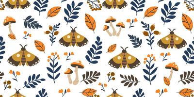 Seamless pattern with moths mushrooms and botanical elements in retro Scandinavian style perfect for fabric prints packaging wallpaper stationery and folk design projects. illustration vector