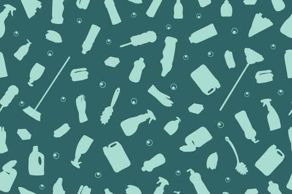 Seamless pattern with cleaning products on a blue background. Drawing for packaging, business cards and wallpaper. Image of a bucket, rags, brushes, detergents and household items.
