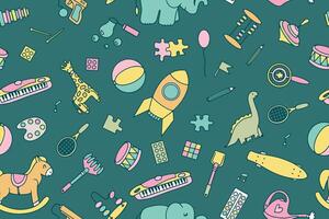Bright colorful pattern of multicolored toys in doodle style on a blue background. vector