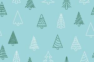 Seamless pattern of Christmas trees in doodle style. Fairytale snowy forest on a blue background. Suitable for invitations, wrapping paper, fabric, textile. vector